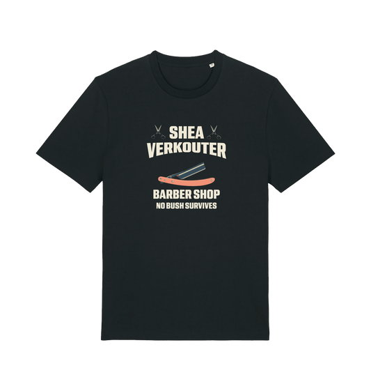 Black funny offesnive t-shirt the slogan 'shea verkouter babershop no bush survives'