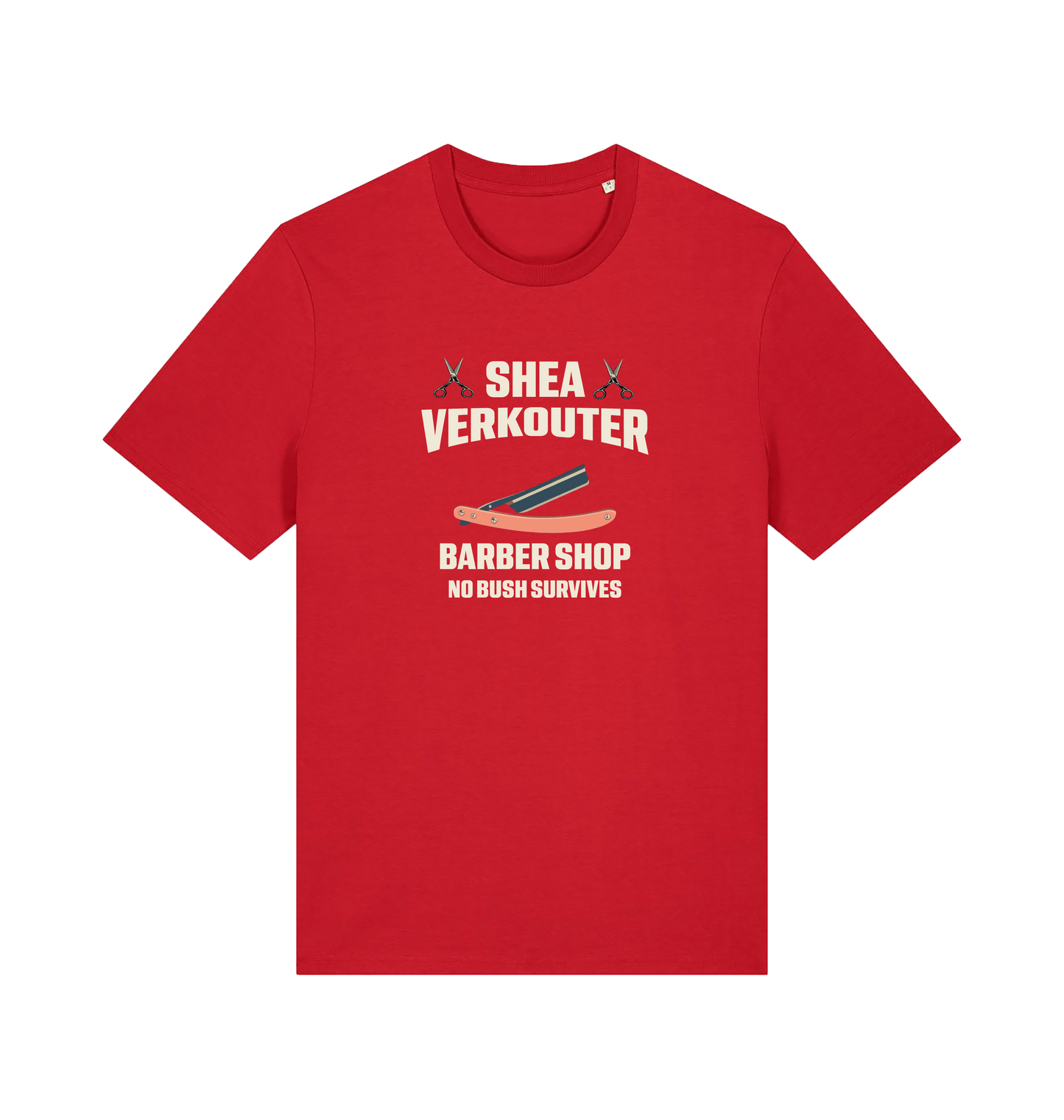 red funny offesnive t-shirt the slogan 'shea verkouter babershop no bush survives'