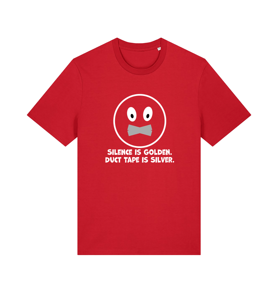 red sarcastic t-shirt with the slogan 'silence is golden duct tape is silver'
