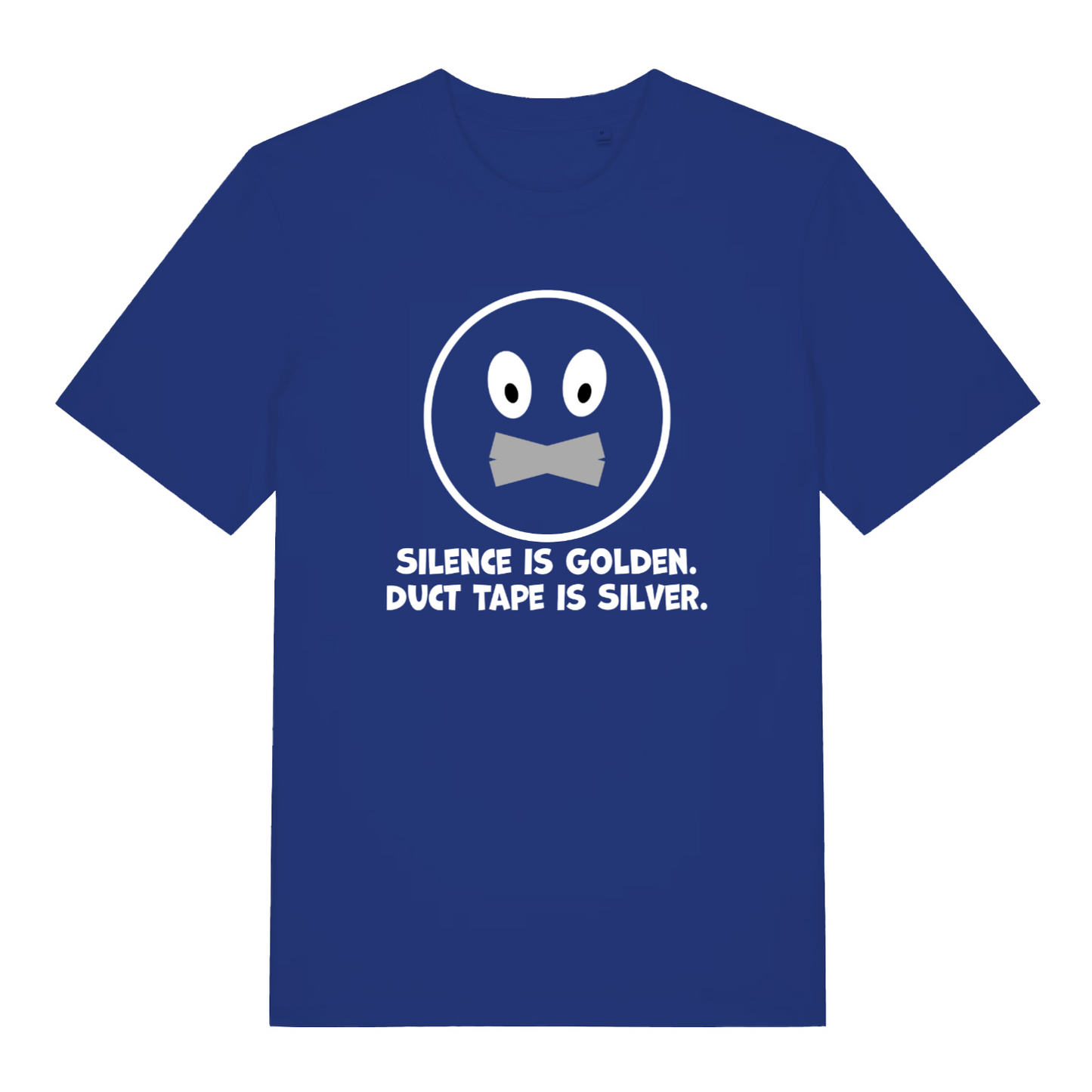 royal blue funny slogan t-shirt with the text 'silence is golden, duct tape is silver'
