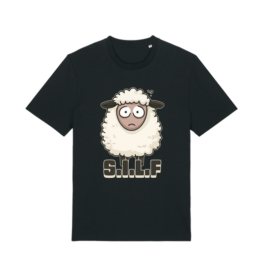 black funny animal t-shirt with the graphic of a worried looking sheep and the slogan 'silf'