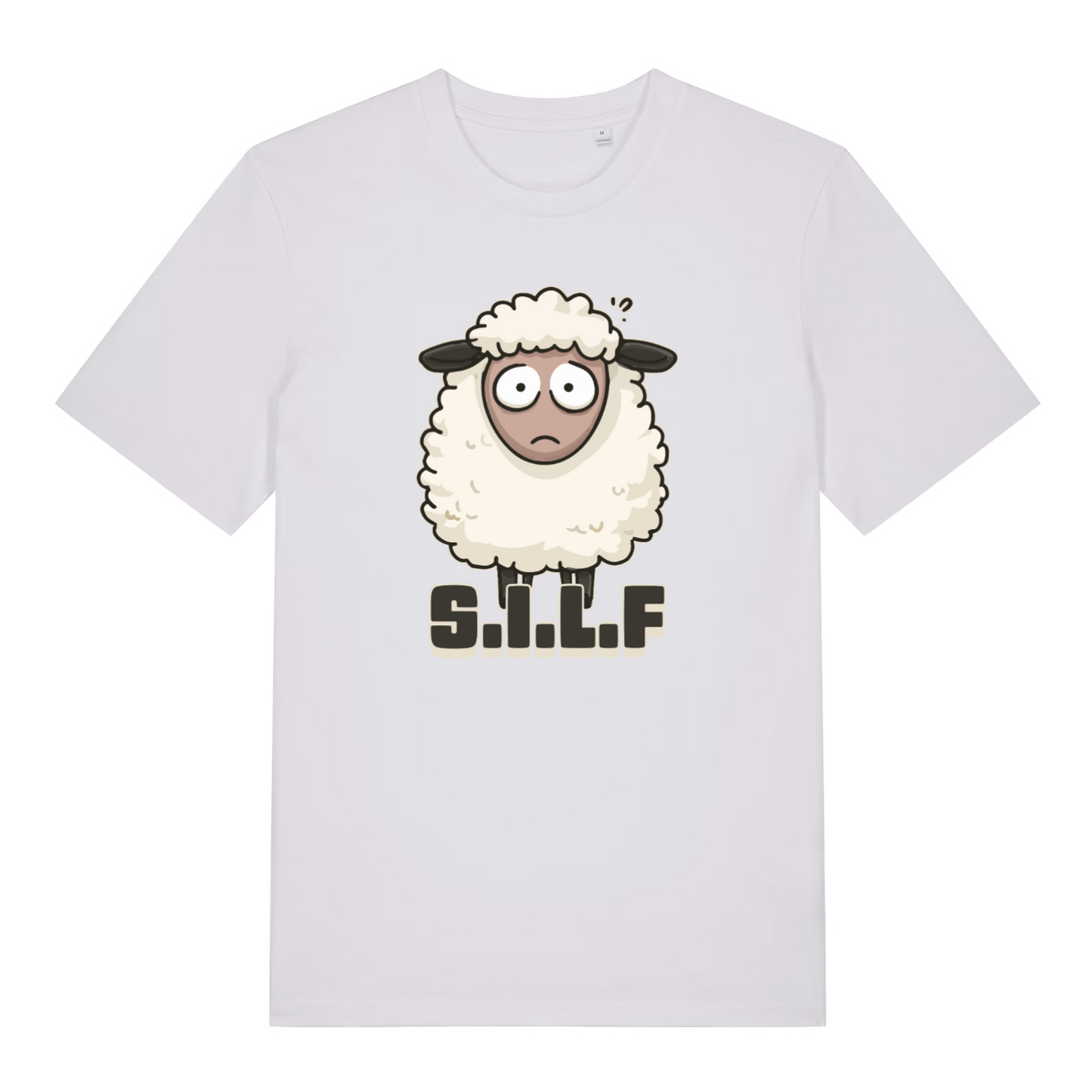 white funny animal t-shirt with the graphic of a sheep and the text 's.i.l.f'