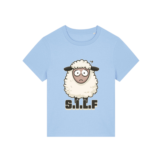 light blue funny animal t-shirt with the graphic of a sheep and the letters 'silf'