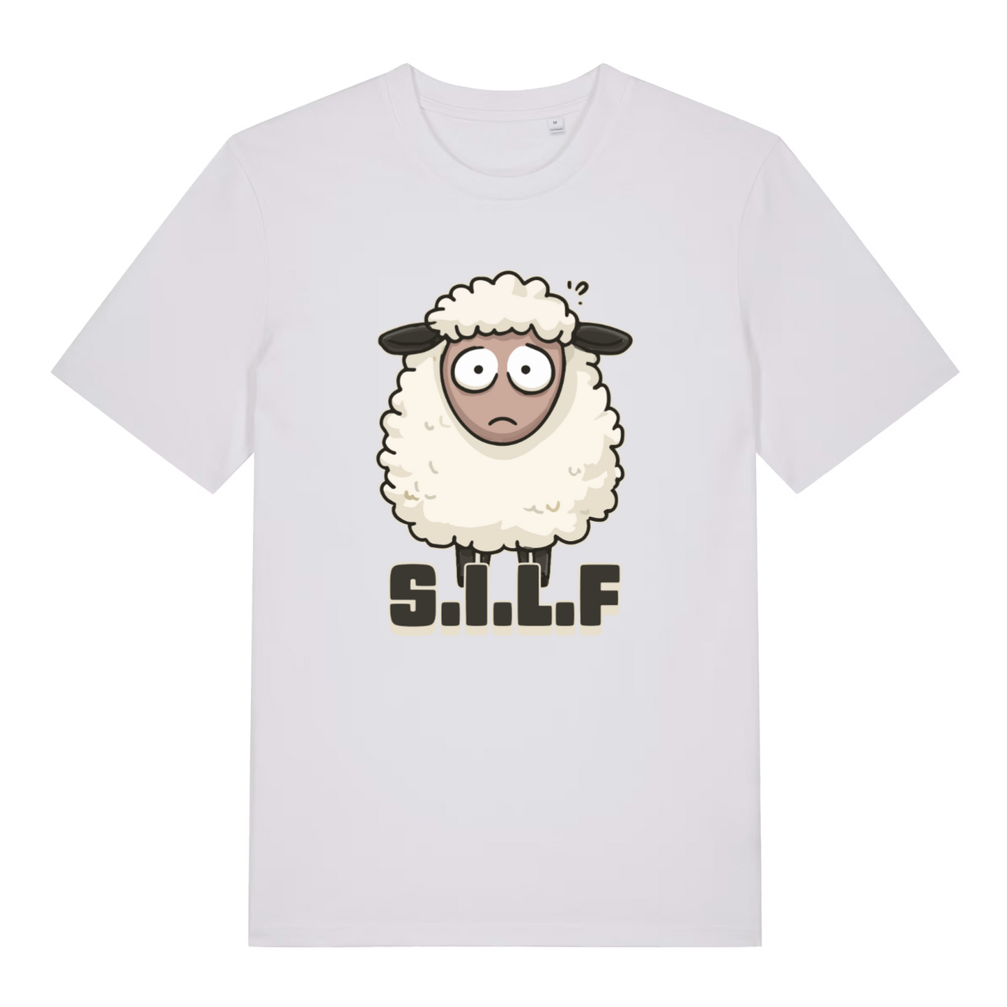white women's funny animal t-shirt with the graphic of a sheep and the acronym 'SILF'