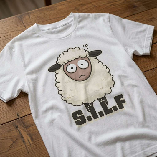White S.I.L.F t-shirt laid flat on a wooden surface featuring a wide-eyed cartoon sheep, funny ladies sheep pun graphic print