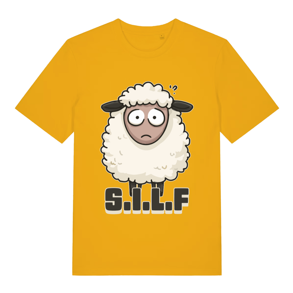Yellow S.I.L.F funny animal graphic t-shirt with farmyard sheep graphic