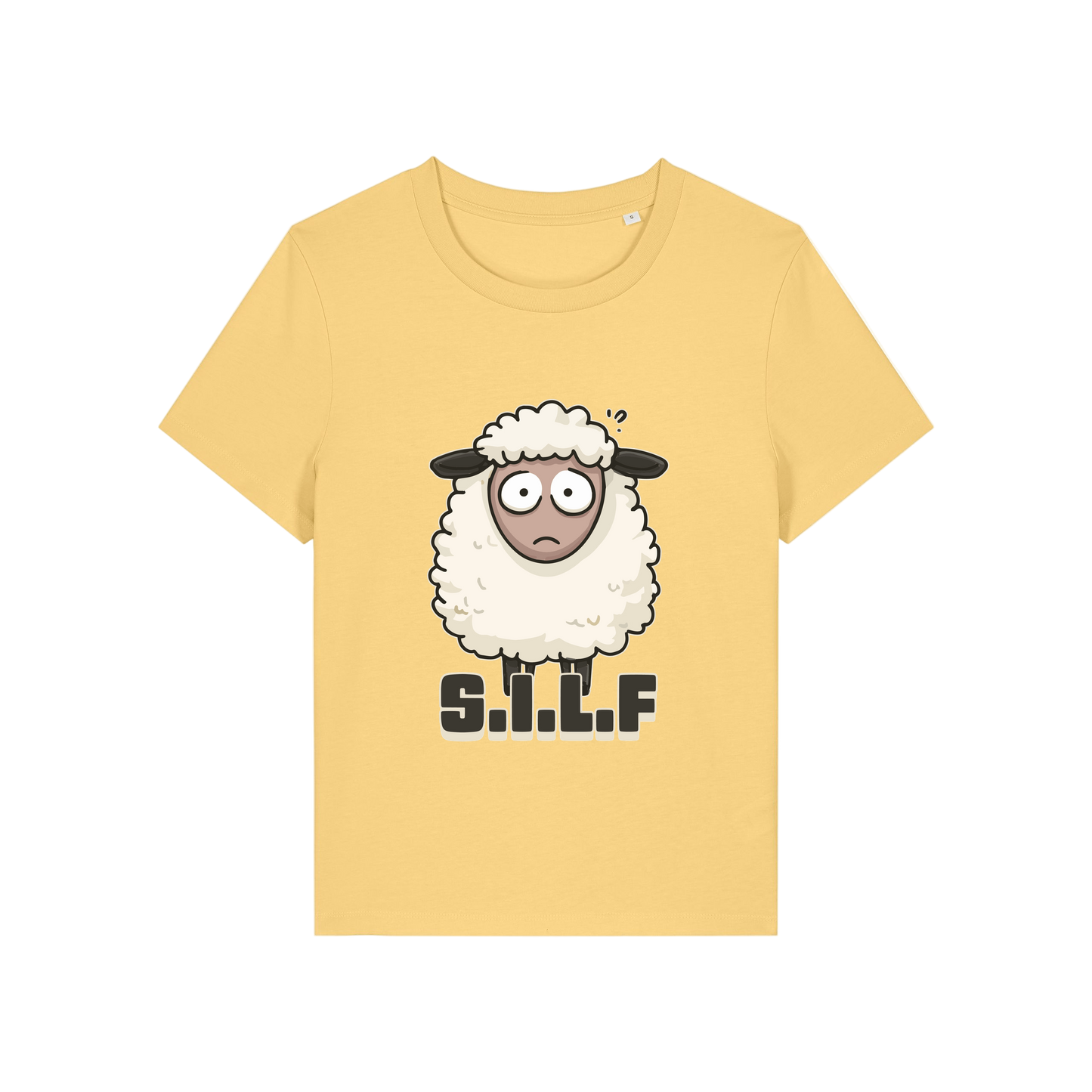 yellow funny animal t-shirt with the graphic of a sheep and the letters 'silf'