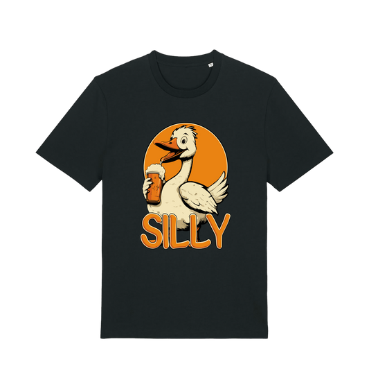 black funny animal t-shirt with the graphic of a goose holding a beer and the slogan 'silly'