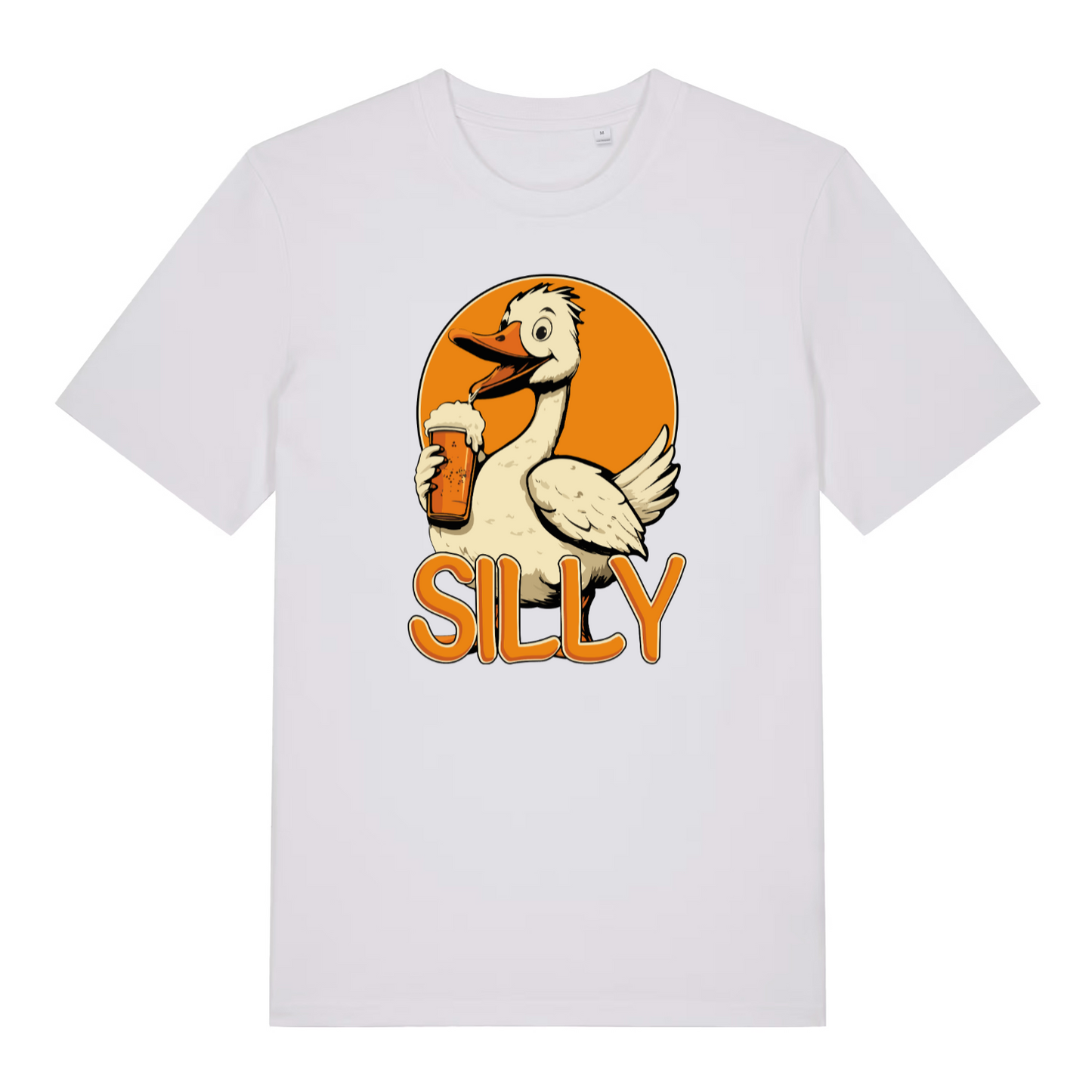 white funny animal t-shirt with a cartoon goose holding a beer mug and the word 'SILLY' on an orange background.