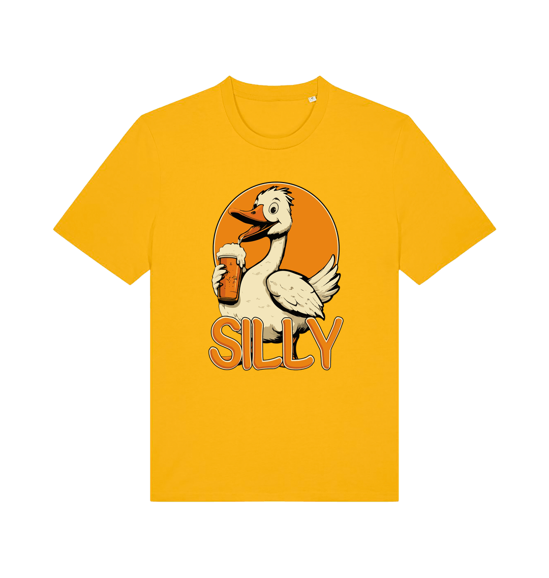 yellow funny animal t-shirt with the graphic of a goose holding a beer and the slogan 'silly'