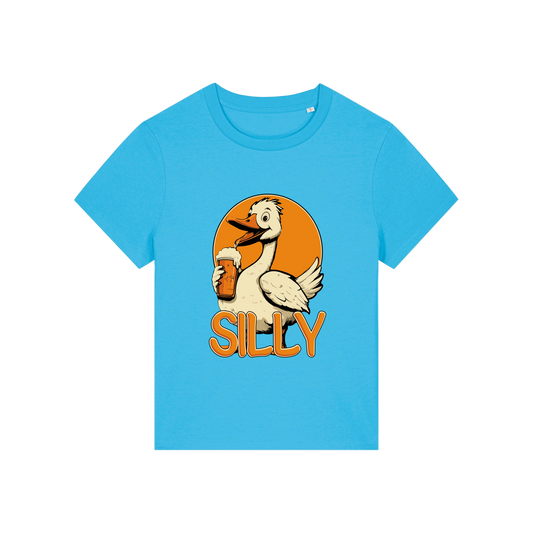 blue funny animal t-shirt with the graphic of a goose drinking a beer and the slogan 'silly goose'