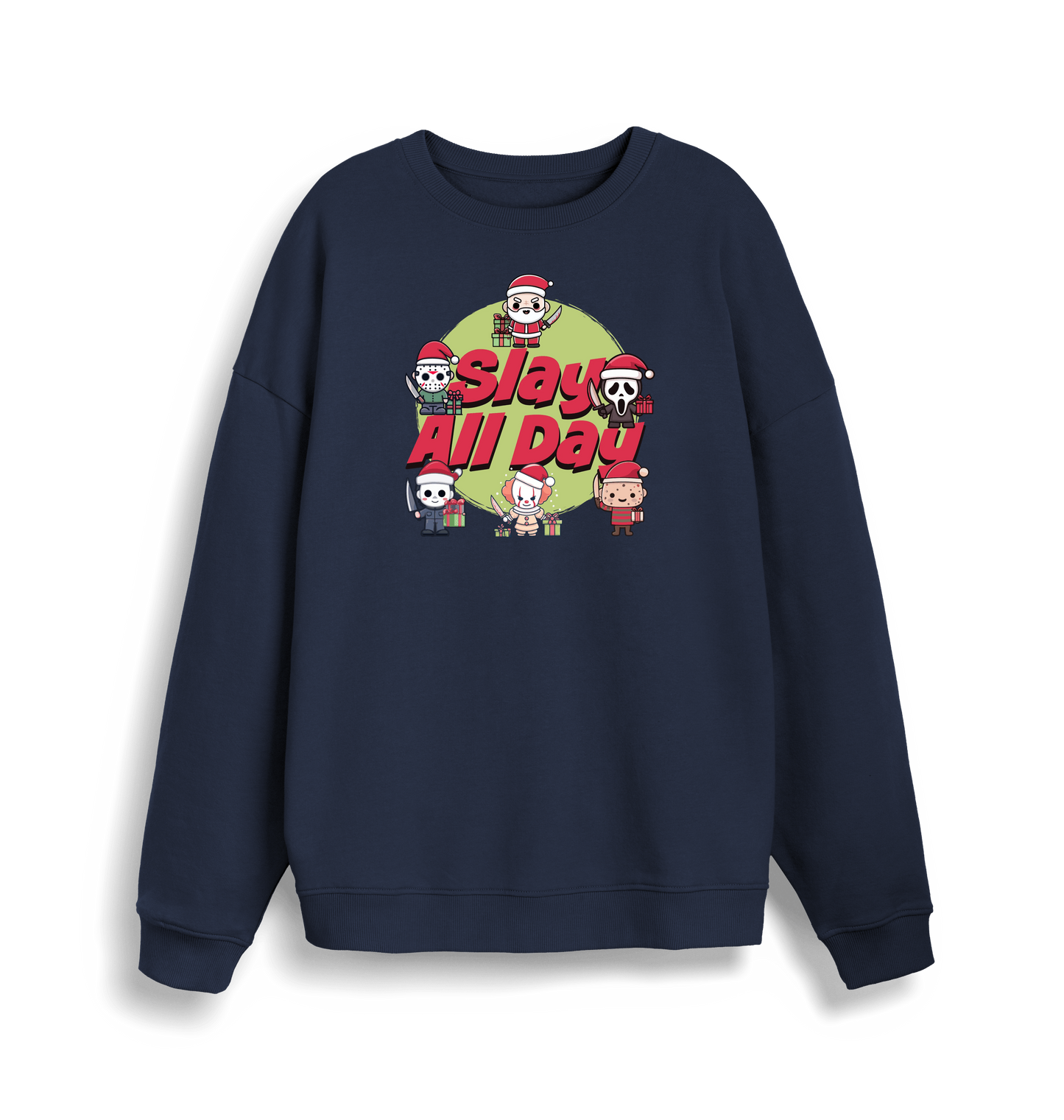 navy christmas jumper with the graphic of santa and some popular horror movie characters with the slogan 'slay all day'