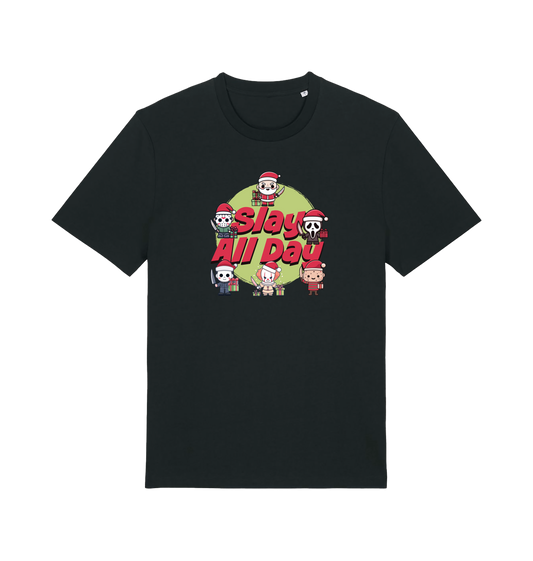 black christmas t-shirt with the graphic of some popular horror movie characters with santa and the slogan 'slay all day'