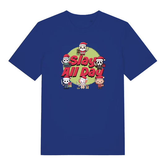 blue christmas t-shirt with the graphic of some popular horror characters and the slogan 'slay all day'