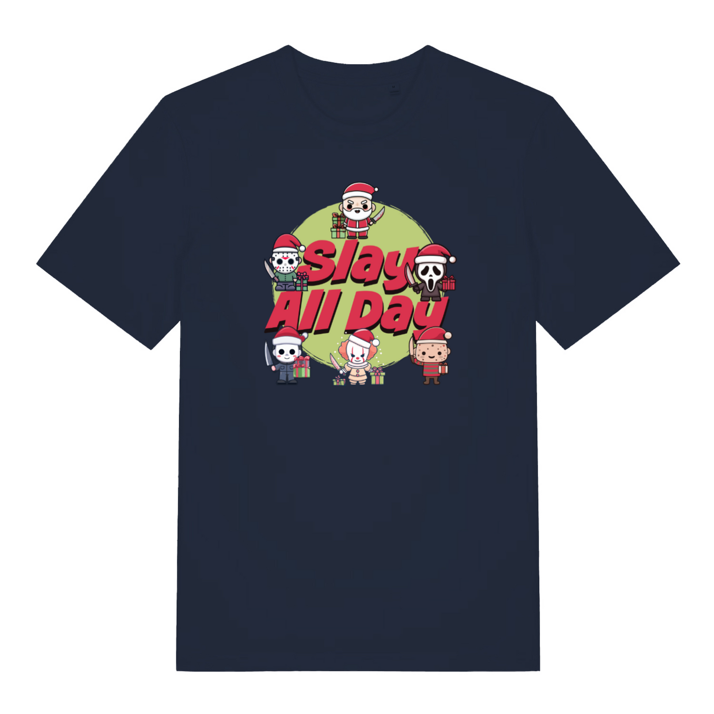 navy christmas t-shirt with the graphic of some popular horror characters and the slogan 'slay all day'