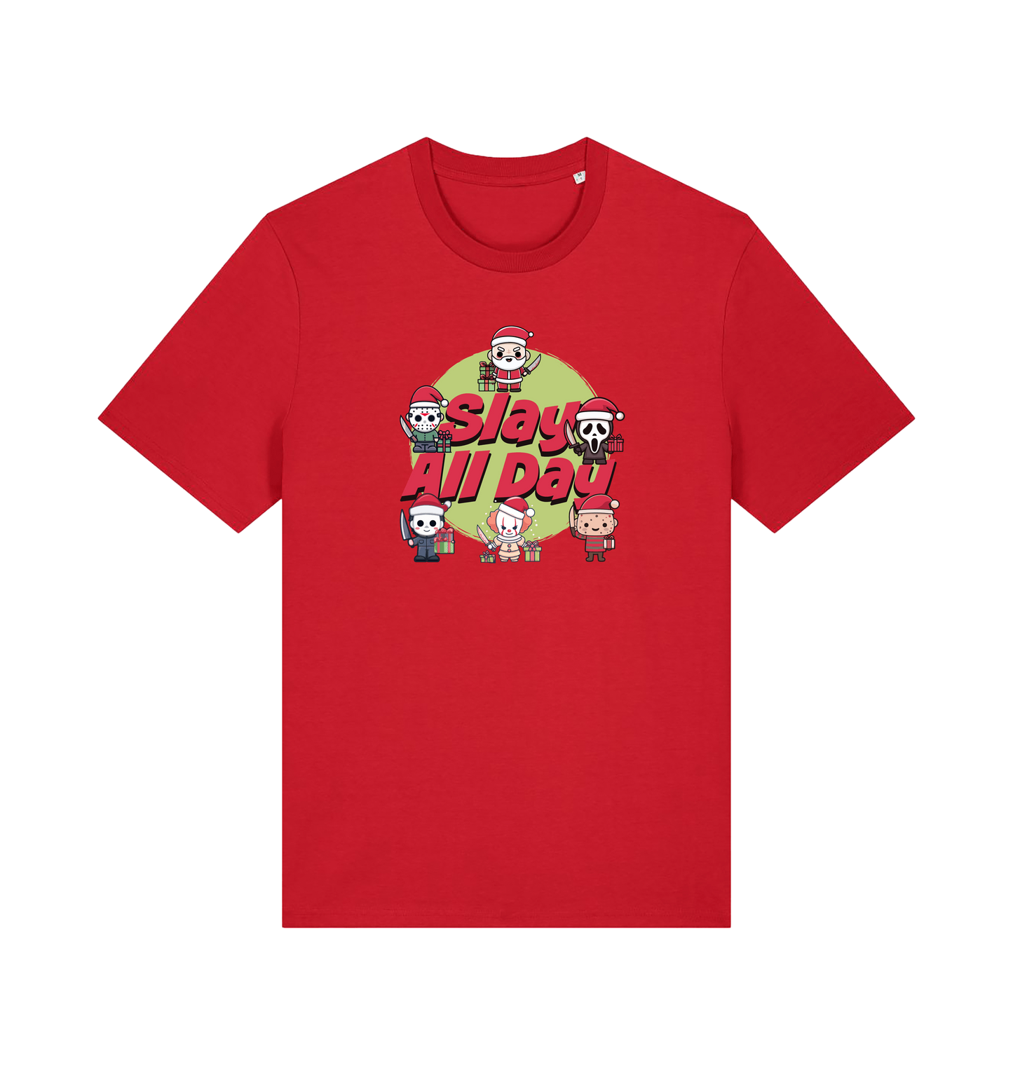 red christmas t-shirt with the graphic of some popular horror movie characters with santa and the slogan 'slay all day'
