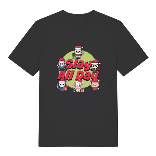 black women's xmas t-shirt with the graphic of cartoon fictional horror movie characters and the slogan 'slay all day'