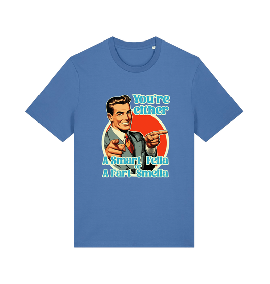 blue funny graphic t-shirt with a man pointing his fingers and the slogan 'you're either a smart fella or a fart smella'