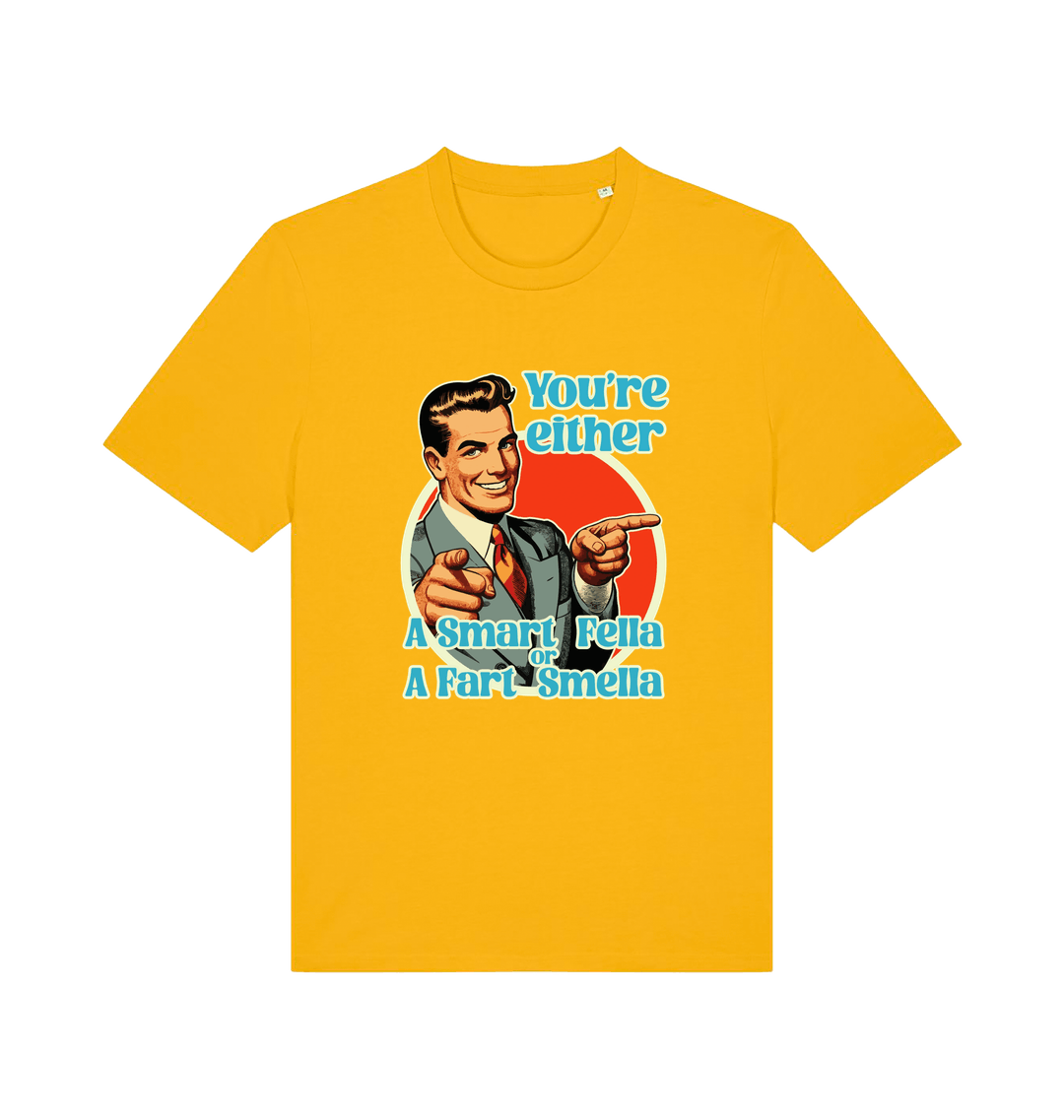 yellow funny graphic t-shirt with a man pointing his fingers and the slogan 'you're either a smart fella or a fart smella'
