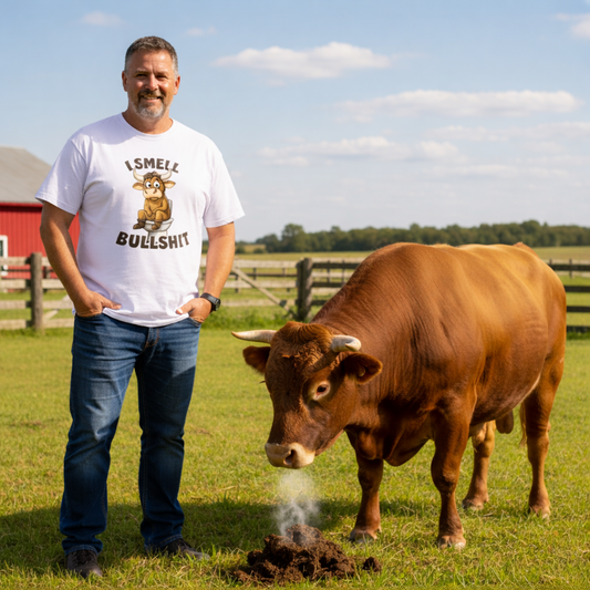 man wearing a white t-shirt with the graphic of a cartoon bull sat on a toilet and humorous text, stood next to a bull in a field