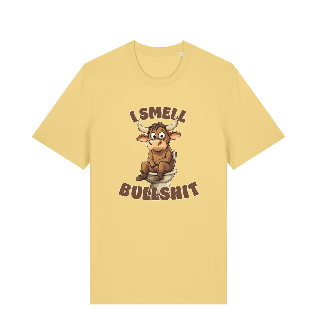 yellow funny animal t-shirt with the graphic of a bull sat on the toilet and the slogan 'i smell bullshit'