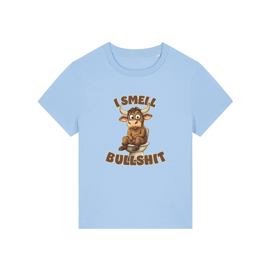 light blue funny animal t-shirt with the graphic of a bull sat on the toilet and the slogan 'i smell bullshit'