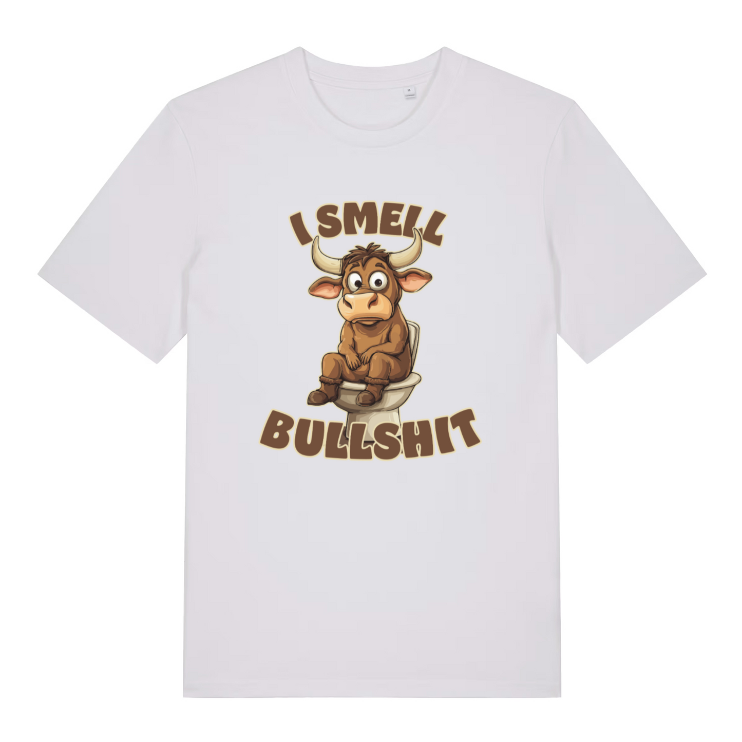 white women's funny animal t-shirt with the graphic of a bull sat on the toilet and the slogan 'i smell bullshit'