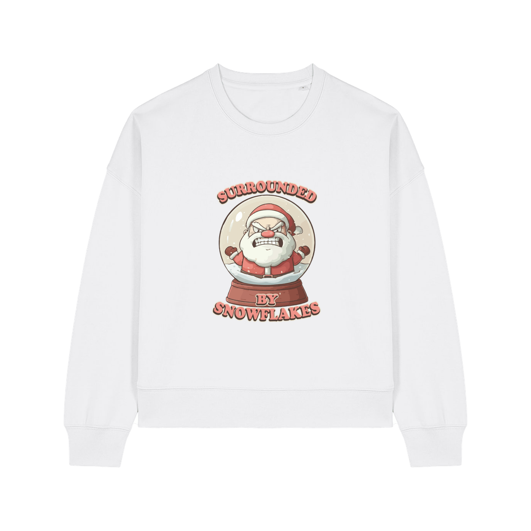 white christmas sweater with the graphic of santa inside a snowglobe and the slogan 'surrounded by snowflakes'