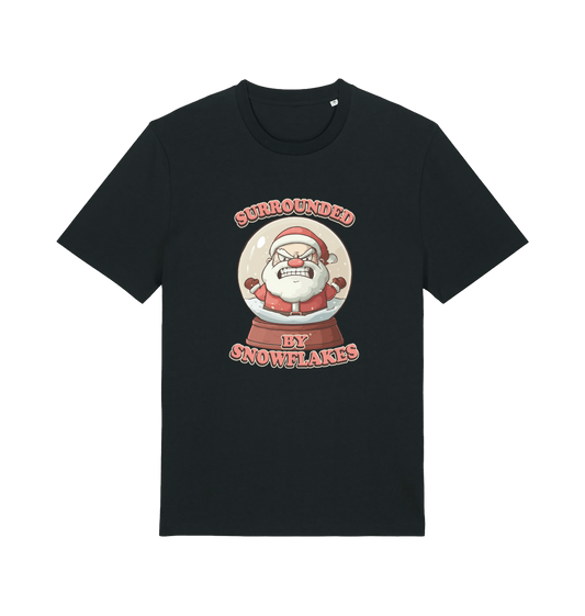 black christmas t-shirt with the graphic of a santa inside a snowglobe and the slogan 'surrounded by snowflakes'
