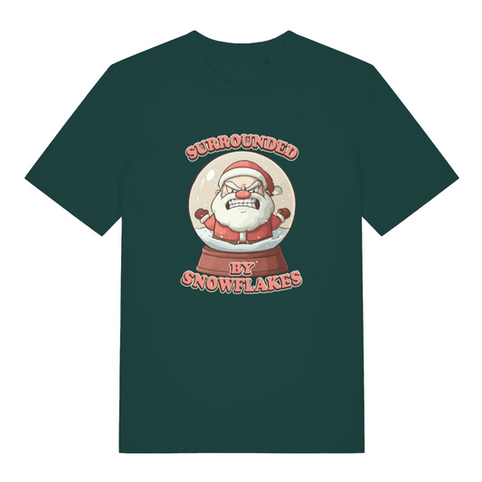 green christmas t-shirt with the graphic of santa in a snow globe and the slogan 'surrounded by snowflakes'
