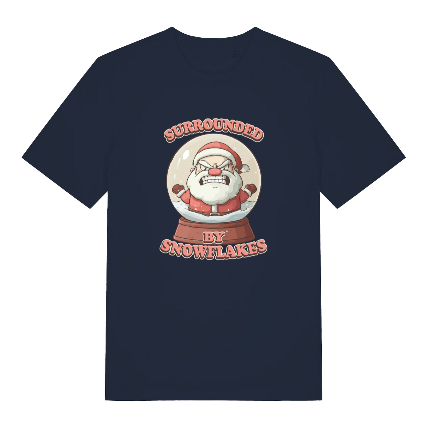 navy christmas t-shirt with the graphic of santa in a snow globe and the slogan 'surrounded by snowflakes'