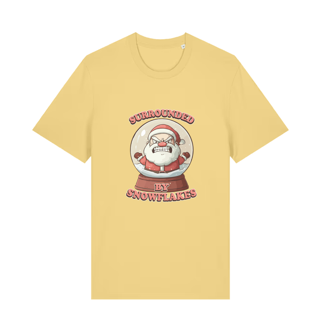 yellow christmas t-shirt with the graphic of a santa inside a snowglobe and the slogan 'surrounded by snowflakes'