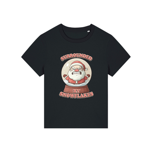 black funny christmas t-shirt with a graphic of santa in a snowglobe and the slogan 'surrounded by snowflakes'