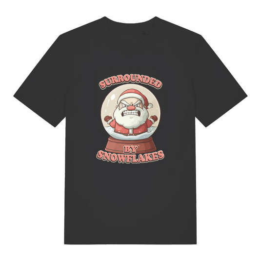 black women's funny graphic christmas t-shirt with the graphic of santa inside a snow globe and the slogan 'surrounded by snowflakes'