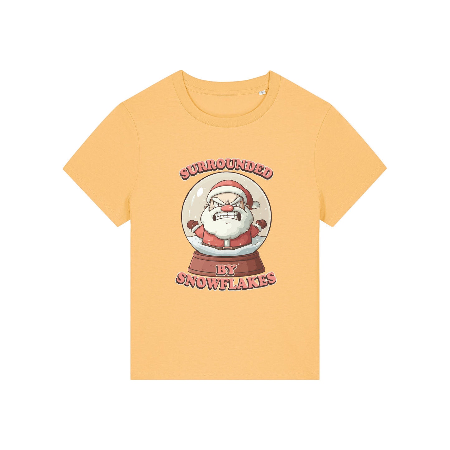 yellow funny christmas t-shirt with a graphic of santa in a snowglobe and the slogan 'surrounded by snowflakes'