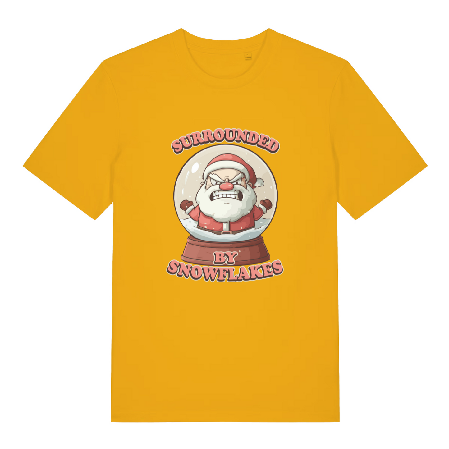 yellow women's funny graphic christmas t-shirt with the graphic of santa inside a snow globe and the slogan 'surrounded by snowflakes'