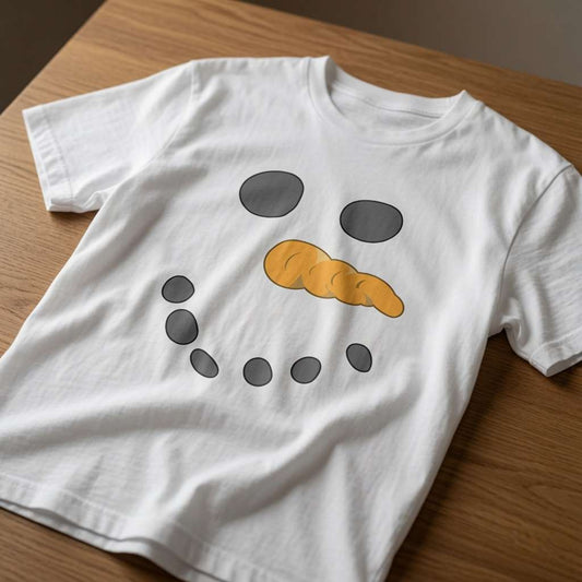White Snowman Face t-shirt laid flat on a wooden surface showing the full coal eyes, carrot nose and smile graphic, ladies festive design that every no-nonsense lady will claim