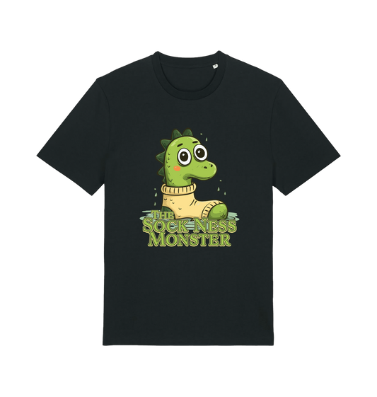 black animal t-shirt with the graphic of nessie in a sock and the slogan 'the sock ness monster'