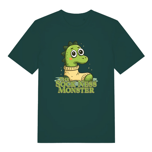 green funny animal t-shirt with the graphic of nessie at in a sock and the slogan 'the sock ness monster'