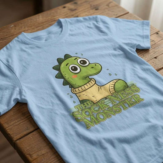 Light blue The Sock Ness Monster t-shirt laid flat on a wooden surface showing the full sock-wearing Nessie, funny mens Scottish folklore pun graphic that every cheeky lad will claim