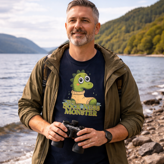 Man standing by a lake wearing a t-shirt with a nessie graphic and text.