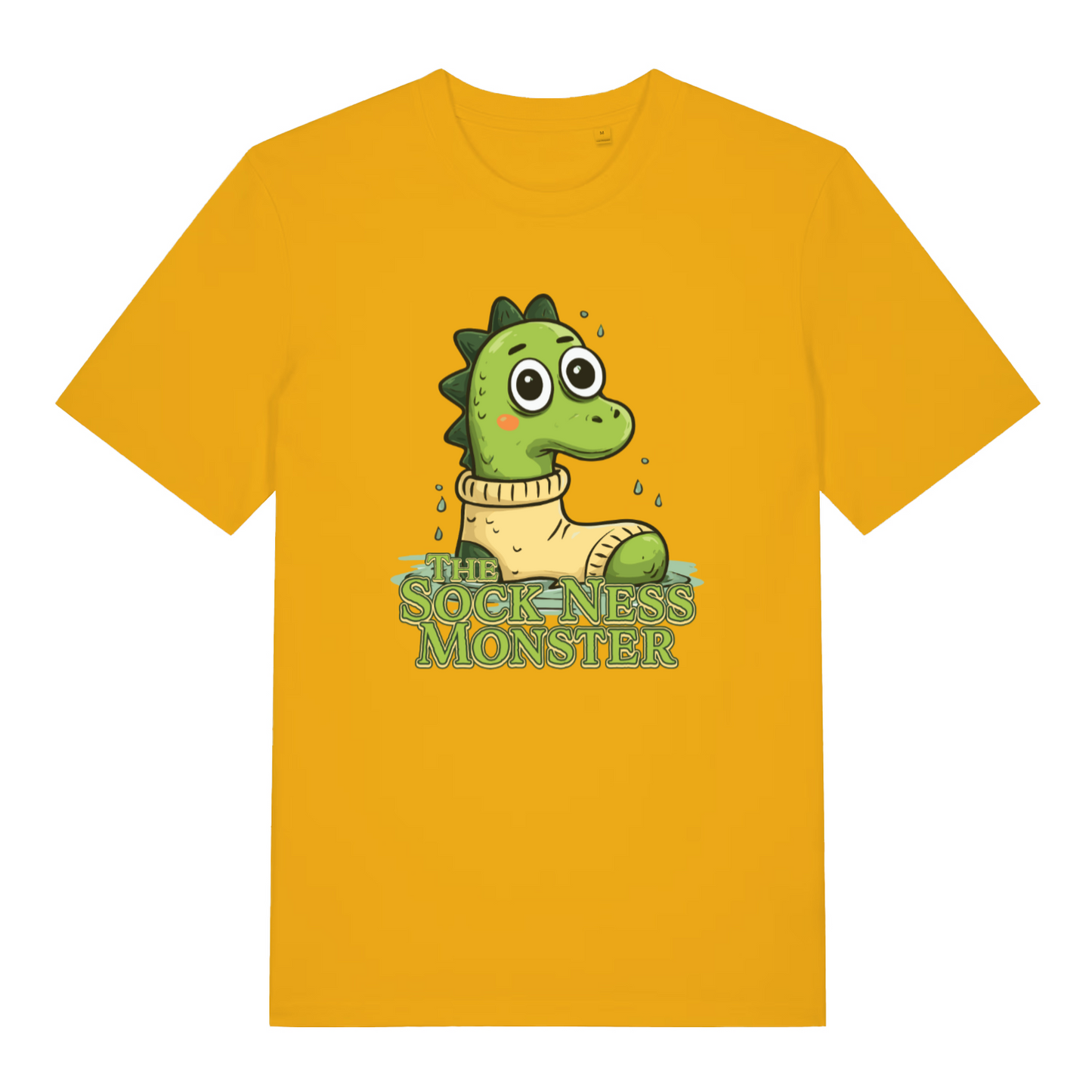 yellow funny animal t-shirt with the graphic of nessie at in a sock and the slogan 'the sock ness monster'