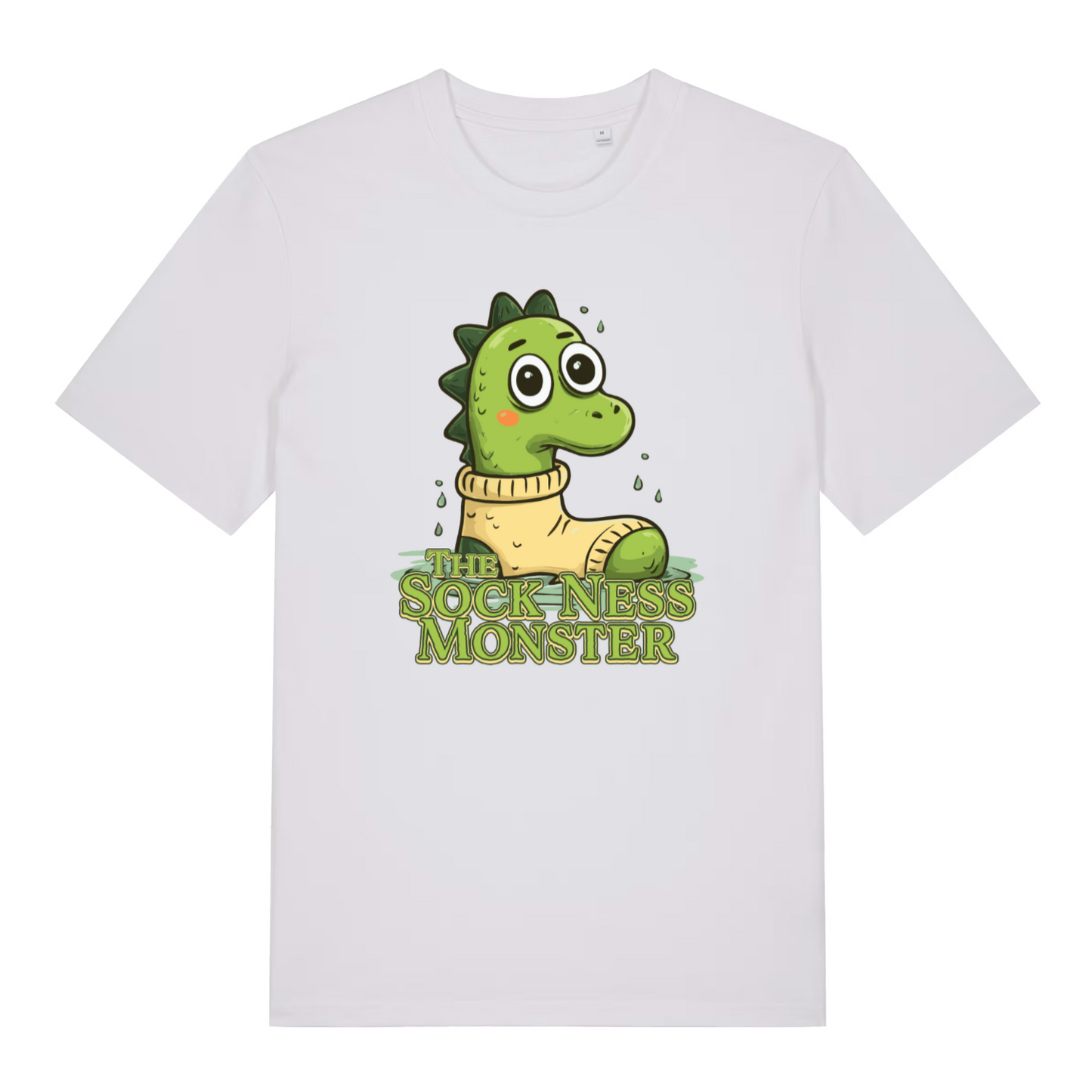 white women's funny animal t-shirt with the graphic of a cartoon loch ness monster inside a sock and the slogan 'the sock ness monster'