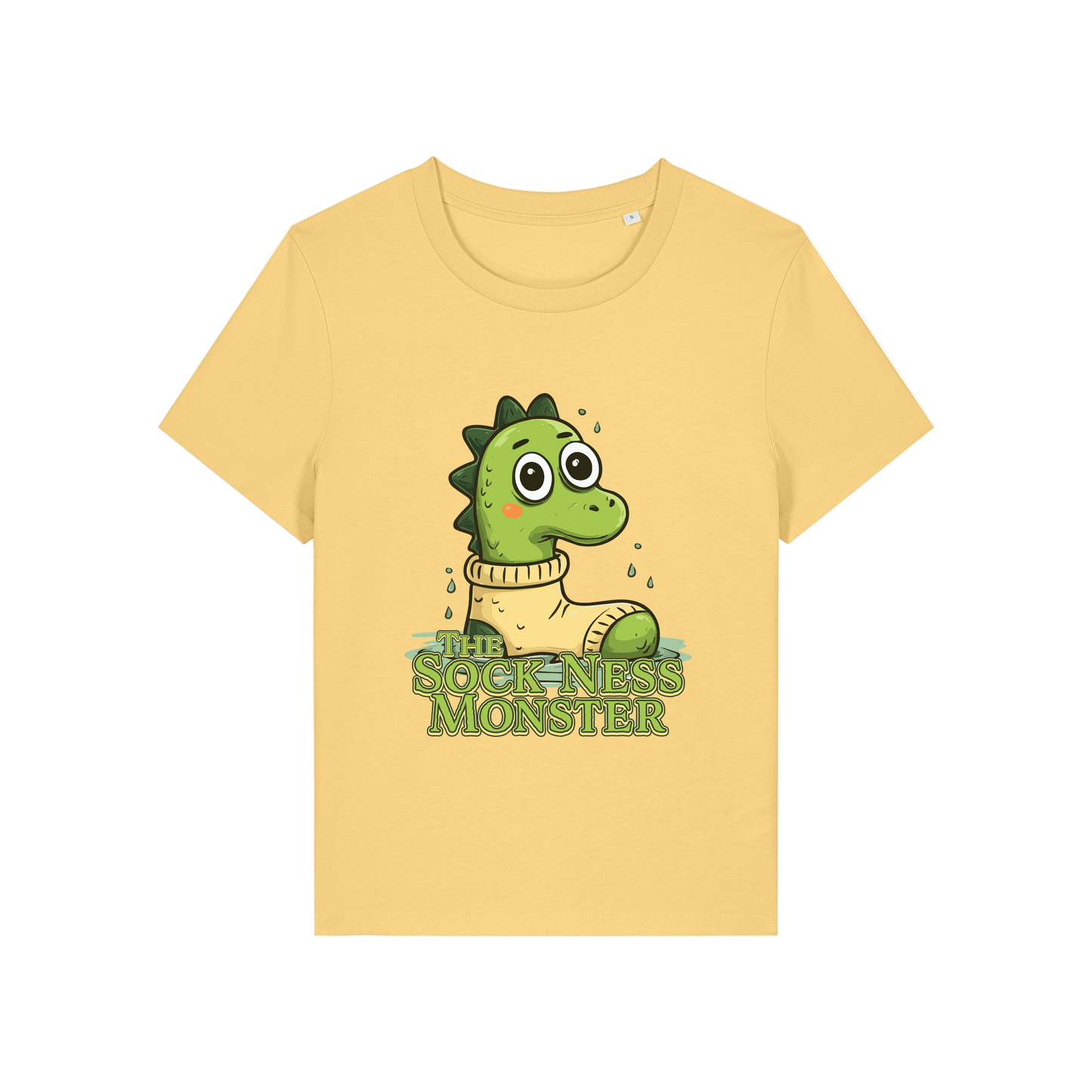 yellow funny animal t-shirt with the graphic of nessie sat in a sock and the slogan 'the sock ness monster'
