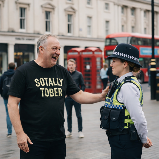 Man in a black t-shirt with 'SOTALLY TOBER' interacting with a police officer on a city street.