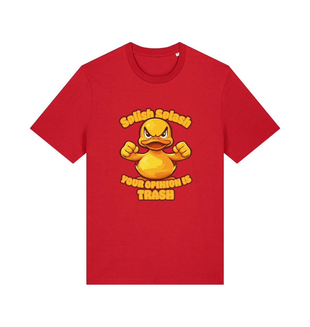 red funny offensive t-shirt with the graphic of a cartoon duck and the slogan 'splish splash your opinion is trash'