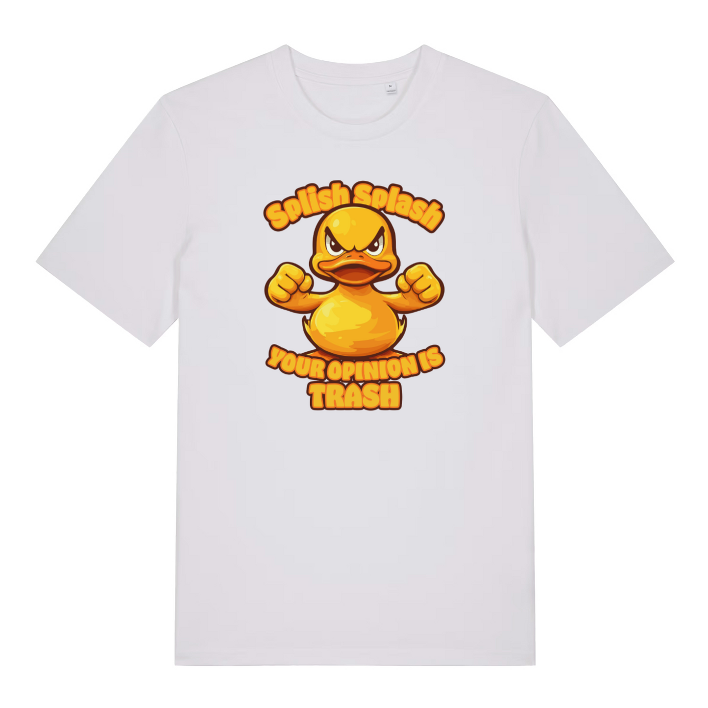 white funny offensive t-shirt with the graphic of a duck and the slogan 'splish splash your opinion is trash'