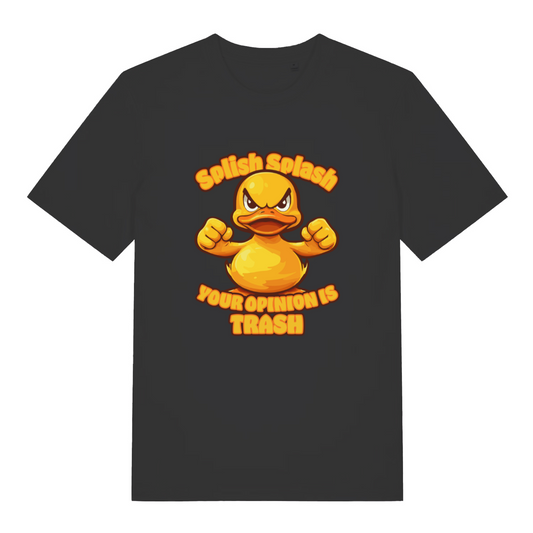 black women's funny animal t-shirt with the graphic of a duck and the slogan 'splish splash your opinion is trash'