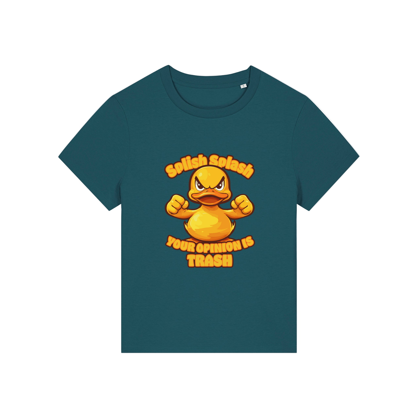 teal sarcastic t-shirt with the graphic of a duck and the slogan 'splish splash your opinion is trash'