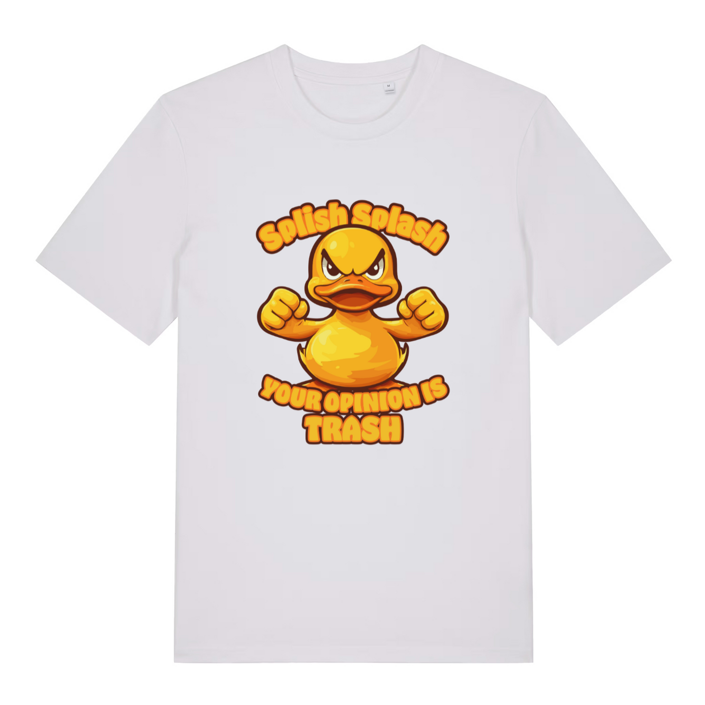 white women's funny animal t-shirt with the graphic of a duck and the slogan 'splish splash your opinion is trash'